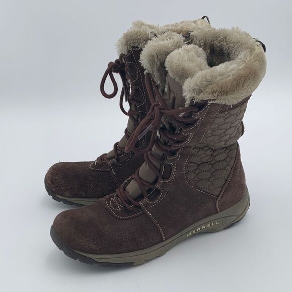 Merrell Women's Dark Brown quilted Winter Boots faux fur trim size 7.5 - Picture 3 of 12